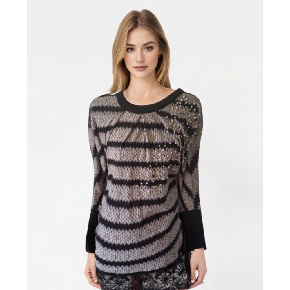 Printed Sweater Top Beaded Sz Medium Lace Feminine Romantic Trendy Boho Y2K